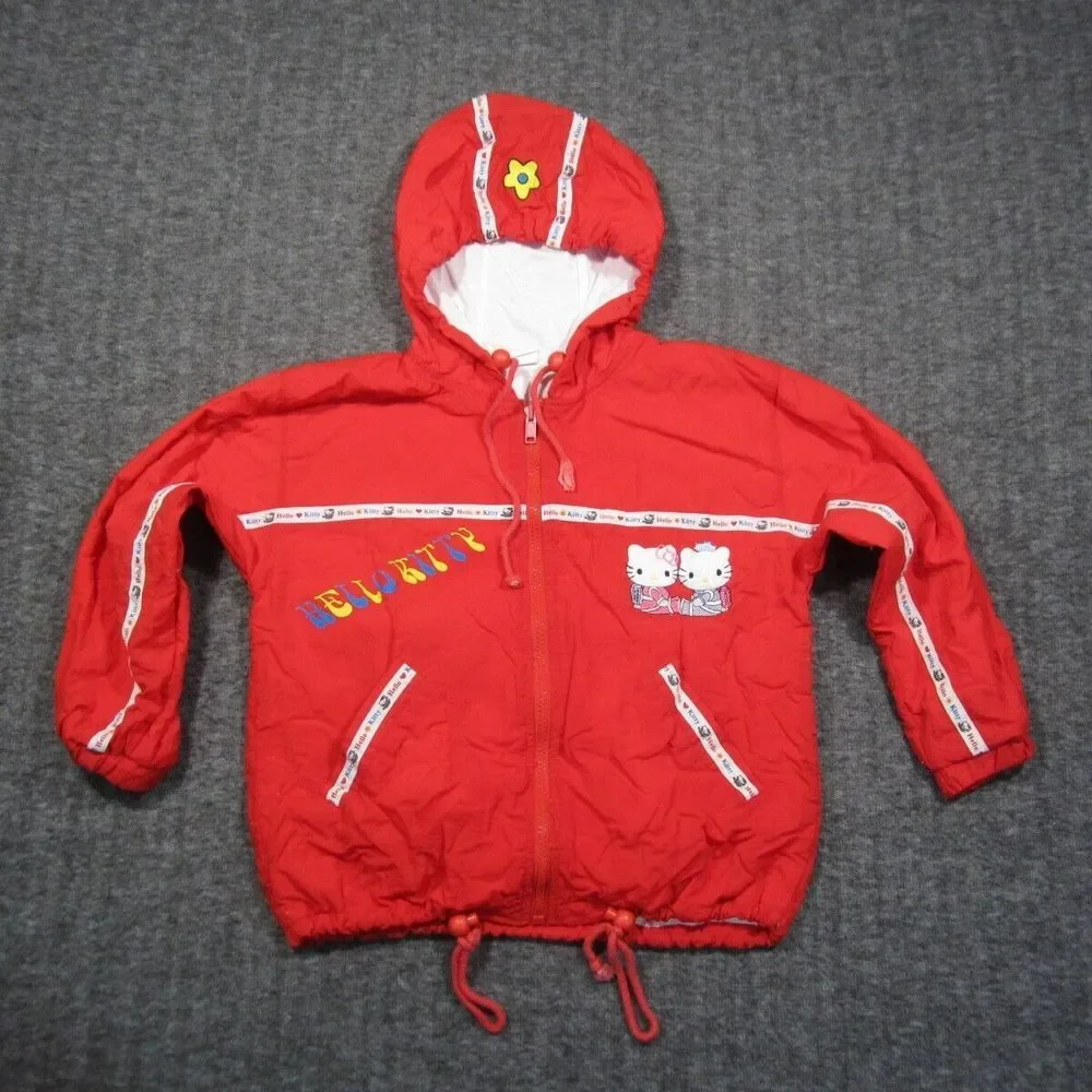 Hello Kitty Jacket Girls 14 Red Windbreaker Full Zip Convertible Backpack Hooded